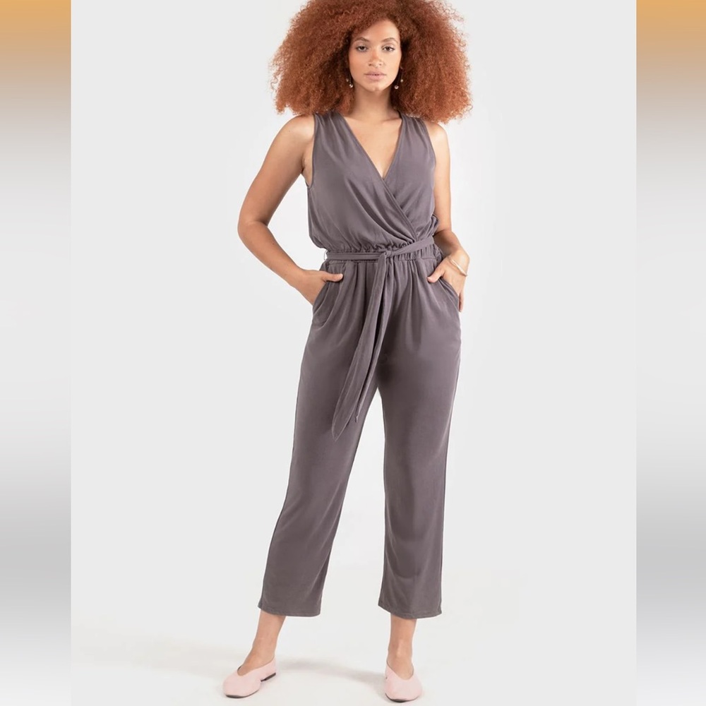 DEX grey belted soft jersey sleeveless jumpsuit